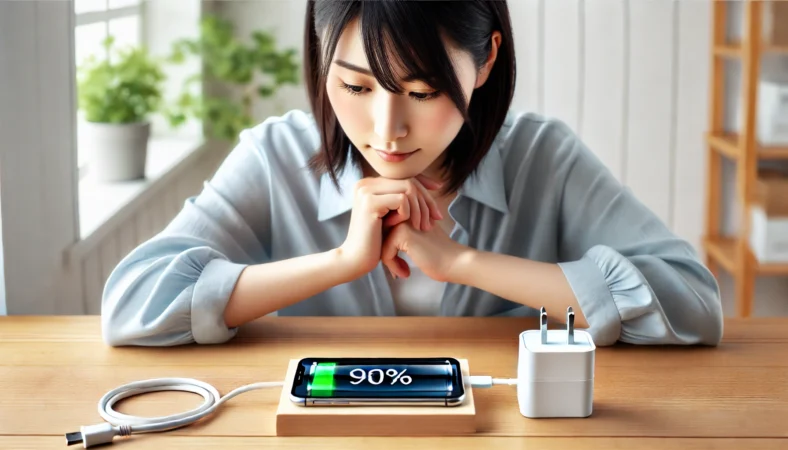 明るく整った室内でスマートフォンを90%まで充電し、その状態を見つめながら充電管理について考えている日本人女性。机の上には充電ケーブルとアダプターが置かれている。