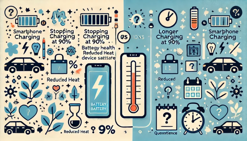 スマートフォンの充電を90%で止めることのメリットとデメリットを対比的に描いたイラスト。バッテリー寿命の延長や発熱防止といった利点と、使用時間の短縮といった欠点が視覚的に表現されている。