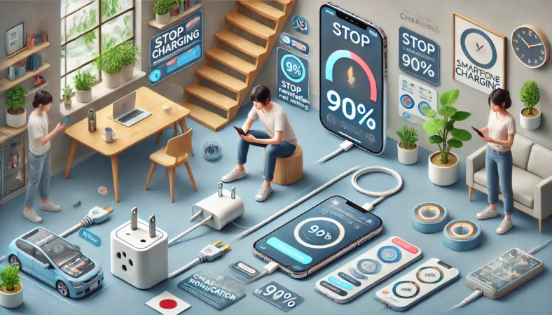 スマートプラグや通知アプリ、USB電力計を使って、90%でスマホの充電を止める代替方法を実践している日本人の生活シーン。複数の機器と状況が視覚的に分かりやすく表現されている。