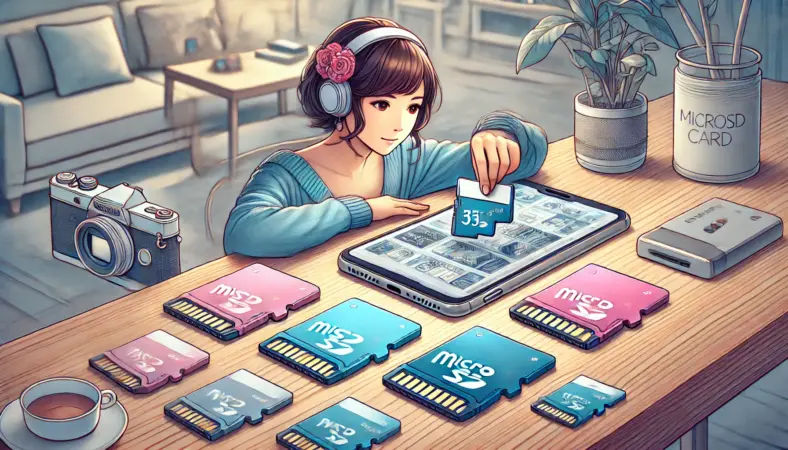 スマートフォンにmicroSDカードを挿入する日本人女性が、自宅のテーブルでさまざまな色のmicroSDカードを見比べている様子を描いたイラスト。スマホでのデータ保存やカード選びの重要性を表現。