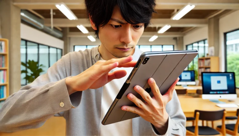 iPadの端をスワイプしようとしてうまくいかず、厚みのあるケースを外そうとしている日本人ユーザーが、自然光の入る室内で問題解決に集中している様子。