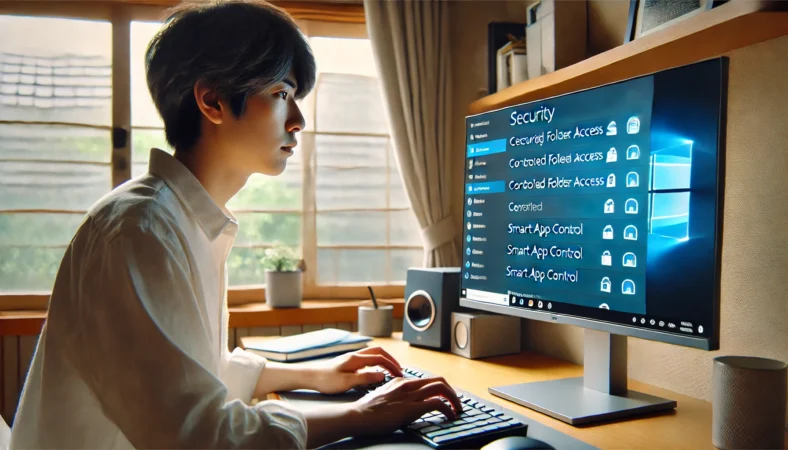 Windows11でControlled Folder AccessやSmart App Controlの設定を確認している日本人ユーザー。慎重な表情でセキュリティ設定を確認している場面。