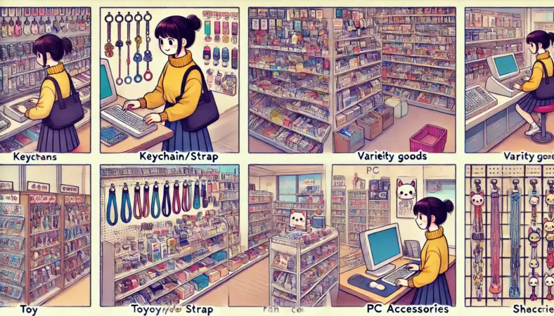 セリア店内でキーボードキーホルダーを探す日本人女性。キーホルダー、バラエティ、推し活、PC小物の各コーナーを順に確認する様子。