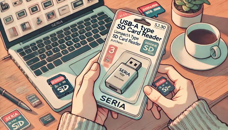 セリアのスマホアクセサリー売り場で、SDカードリーダーを手に取って確認している日本人。棚にはUSBケーブルやイヤホン、スタンドなども並び、100均での購入シーンをリアルに描いたイラスト。