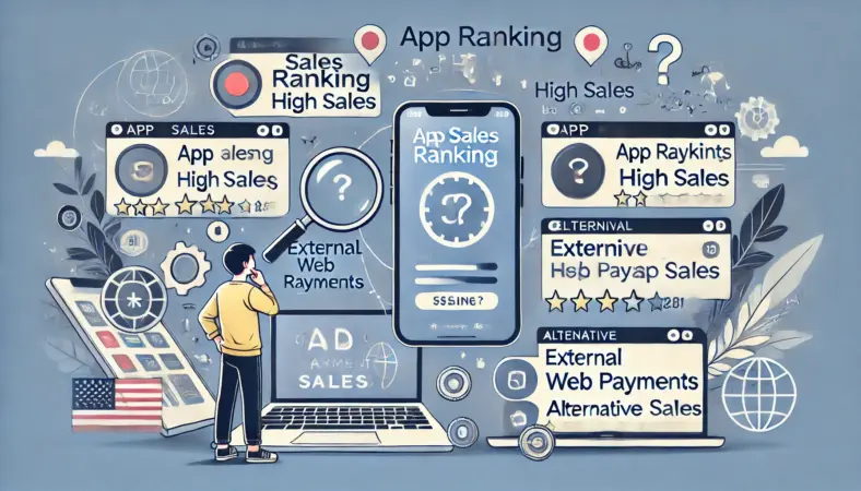 アプリの売上が好調なのにセルランに反映されていない理由を調べる日本人の若者。スマホとノートPCを使い、外部課金や代替決済の影響を探る様子が描かれているイラスト。