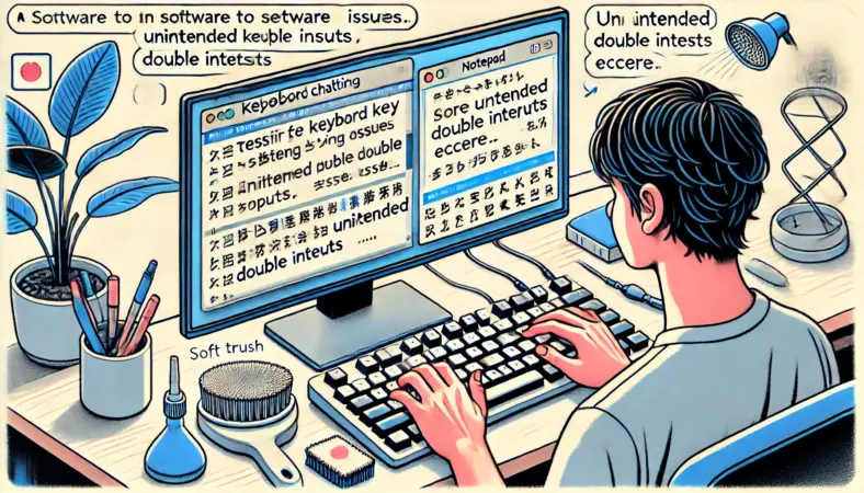日本人ユーザーが、チャタリング（連続入力）を確認するためにメモ帳で同じキーを繰り返し押し、意図しない重複入力が発生していないかをチェックしているイラスト。デスクにはエアダスターやブラシも置かれ、清掃の準備も整っている落ち着いた検証環境。