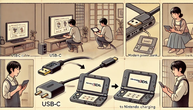 日本人ユーザーが自宅でUSB-C充電器からUSB-C to 3DS変換アダプターを使って、Nintendo 3DSを充電している様子のイラスト。近代的なUSB環境での代用充電の流れが分かる構成。