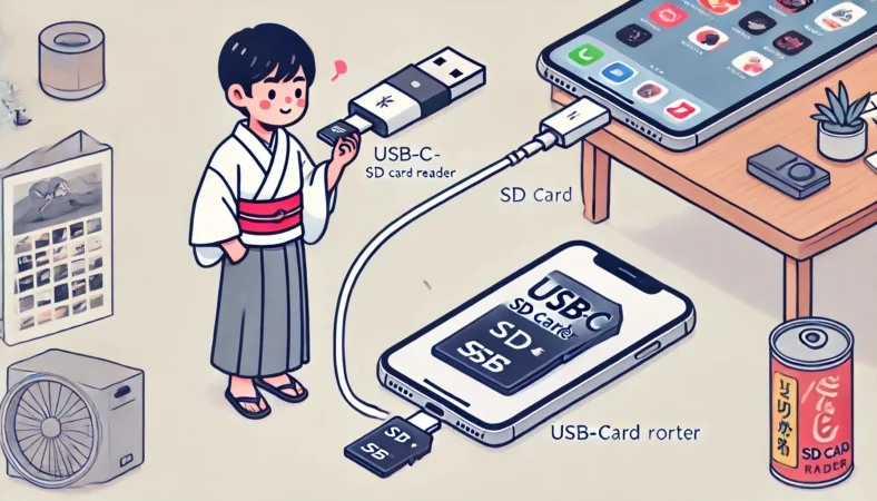 日本人の人物がUSB-C直挿しのSDカードリーダーを使ってiPhoneに写真を取り込んでいるイラスト。デスク上で落ち着いて操作しており、背景には窓のある明るい室内が描かれている。