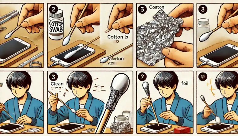 綿棒とアルミホイルを使ってスマホ用の自作タッチペンを作る手順を示したイラスト。日本人の人物がデスクで画面を拭き、綿棒にホイルを巻いて丸め、指が触れるように調整している様子が描かれている。
