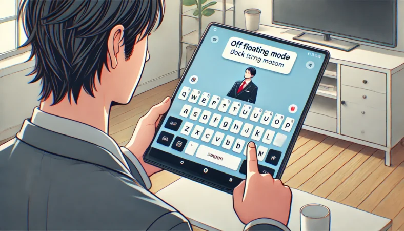 Androidタブレットで浮いて表示されたキーボードをツールバーから固定表示に戻そうとしている日本人男性のイラスト。明るく整った室内が背景。