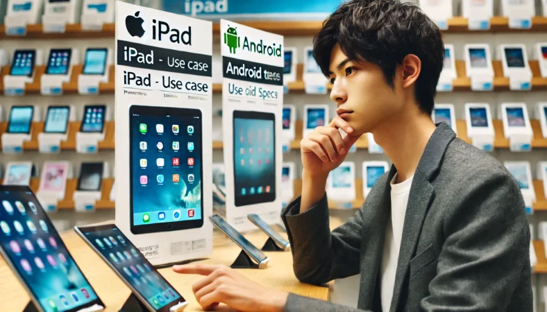 iPadとAndroidタブレットを比較検討する日本人ユーザーが、価格や用途、スペックなどを考慮しながら選択しているシーン。テクノロジーに詳しい雰囲気の現代的な環境。