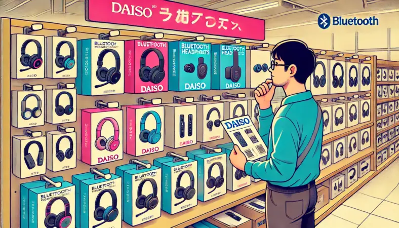 ダイソー店舗の棚に並ぶ複数種類のBluetoothヘッドホンとヘッドセットを、日本人の客がパッケージを確認しながら選んでいる様子のイラスト。価格や機能を比較する買い物シーン。