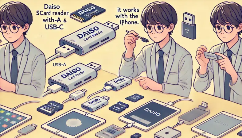 デスク上で、USB-AとUSB-C両対応のダイソー製SDカードリーダーを使い、iPhoneとタブレットで動作確認をする日本人。microSDカードや変換アダプタも並び、互換性チェックをする様子を描いたイラスト。