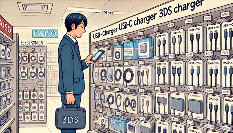 ダイソー店内の電子小物コーナーで、スマホ用アクセサリーばかりが並ぶ棚を前に、日本人男性が3DS用充電器を探して少し残念そうな表情をしている様子のイラスト。