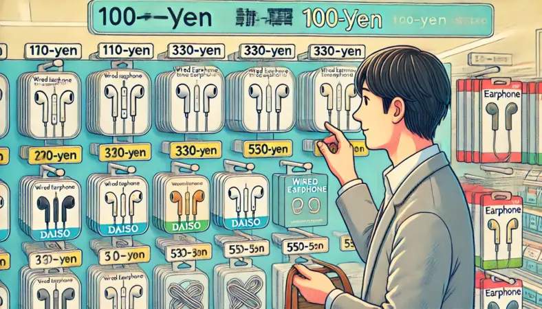 日本の100円ショップ「ダイソー」のイヤホン売り場で、有線イヤホンを選ぶ日本人男性のイラスト。110円・330円・550円の価格帯に分かれた商品棚が背景にあり、選んだイヤホンをポーチや引き出しにしまう様子も描かれている。予備用として活用されるシーン。