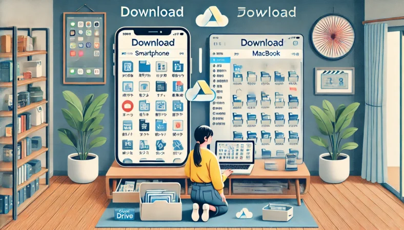 スマートフォンとMacBookでのファイル保存の違いを比較している日本人ユーザー。スマホ側ではファイルがアプリごとに散らばり、Macでは整理されたダウンロードフォルダが表示されており、両者をGoogleドライブのようなクラウドサービスでつないでいる様子が描かれている。