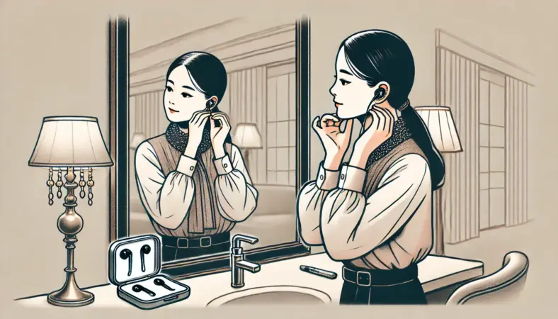 鏡の前でイヤーカフ型イヤホンを着けたスタイリッシュな日本人女性が、アクセサリーや服装とのバランスを確認しているイラスト。モダンな部屋で、イヤホンがファッションに自然に溶け込んでいる様子を表現。