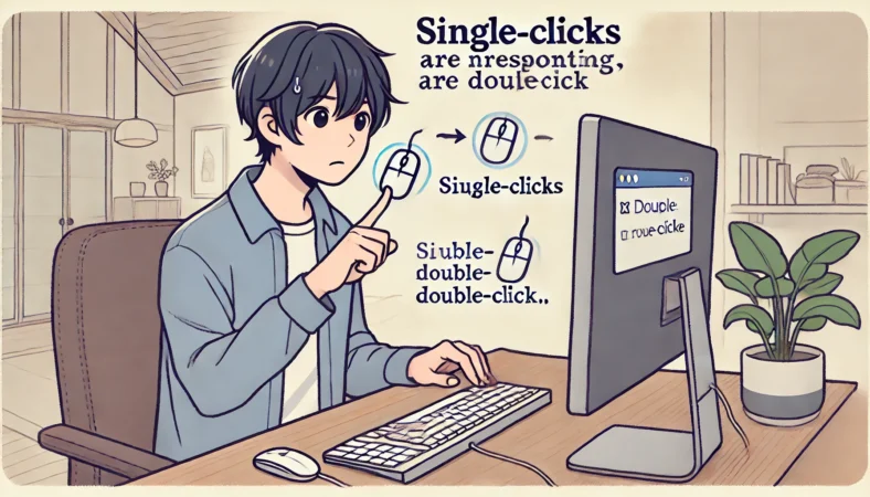 デスクトップPCを操作中の日本人の人物が、シングルクリックでは反応せず何度もダブルクリックして困惑している様子のイラスト。明るく整ったホームオフィスで、木製のデスクとミニマルなインテリアが描かれている。