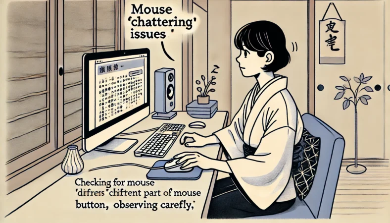 日本人の人物が、マウスのボタンをそっと押しながらチャタリングの有無を慎重に確認しているイラスト。デスクにはデスクトップPCがあり、落ち着いた日本の住環境で作業をしている様子。静かな雰囲気の中で、マウスの不具合を丁寧に観察している。