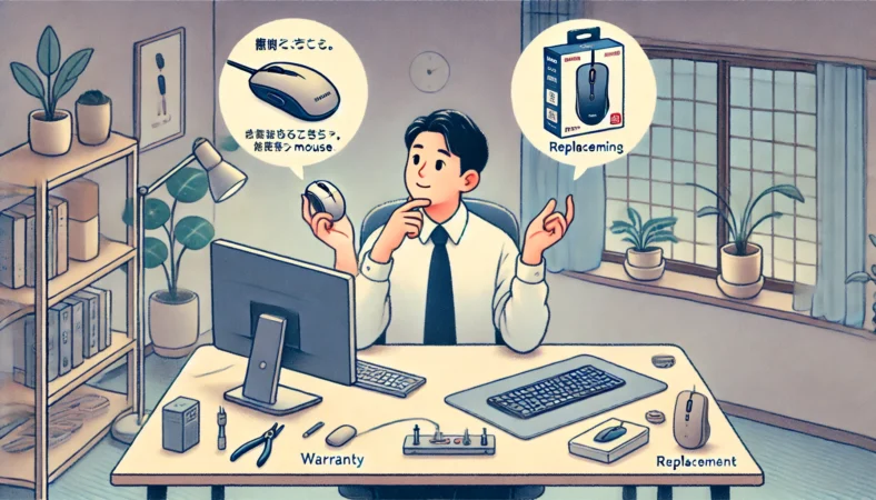 日本人の人物が、マウスの誤動作に対処するため、電池交換やエアダスターでの清掃、USB延長ケーブルの準備などの応急処置を行っているイラスト。木製のデスクと暖かな照明がある家庭的な作業環境が描かれている。