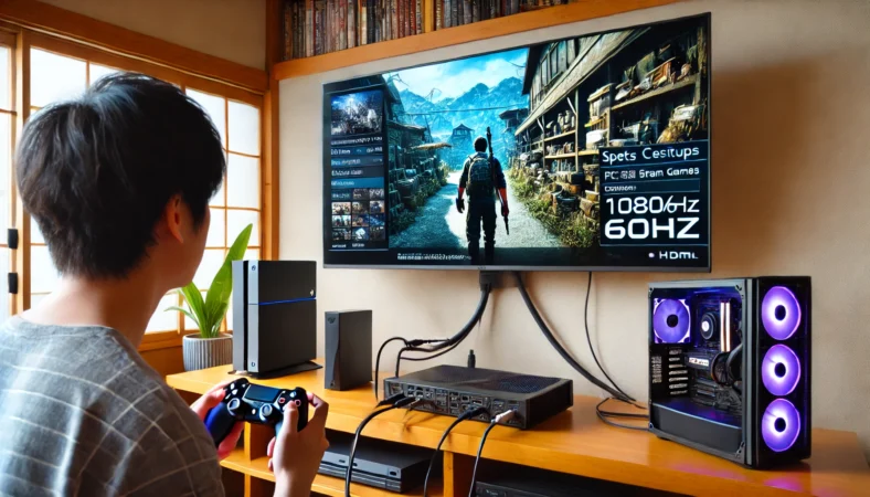 日本のリビングで、ゲーミングPCがHDMIケーブルを使って大画面テレビに接続され、1080p/60Hzでゲームが表示されている様子。ユーザーがケーブル接続を確認しており、安定した映像出力環境が整えられている。