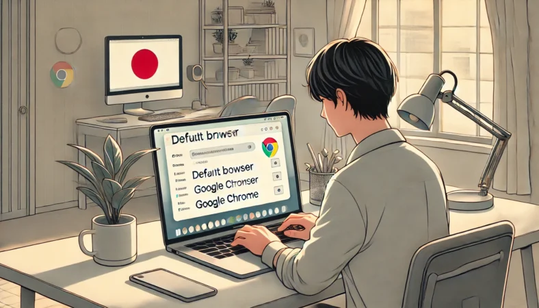 MacBookの設定画面でデフォルトブラウザをGoogle Chromeに変更している日本人ユーザー。静かな家庭のデスク環境で作業しており、現代的で整ったワークスペースが描かれている。