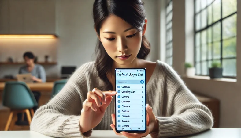 日本人女性がAndroidスマートフォンの設定画面でデフォルトアプリの一覧を確認している様子。自然光が差し込むデスクで、冷静にトラブルの原因を探っている。