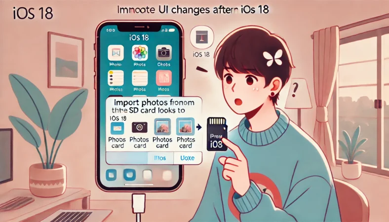 日本人の人物がiPhone上で写真を整理している様子。アルバムを作成して写真を分類することで、取り込み後のデータ管理を明確にしている場面のイラスト。