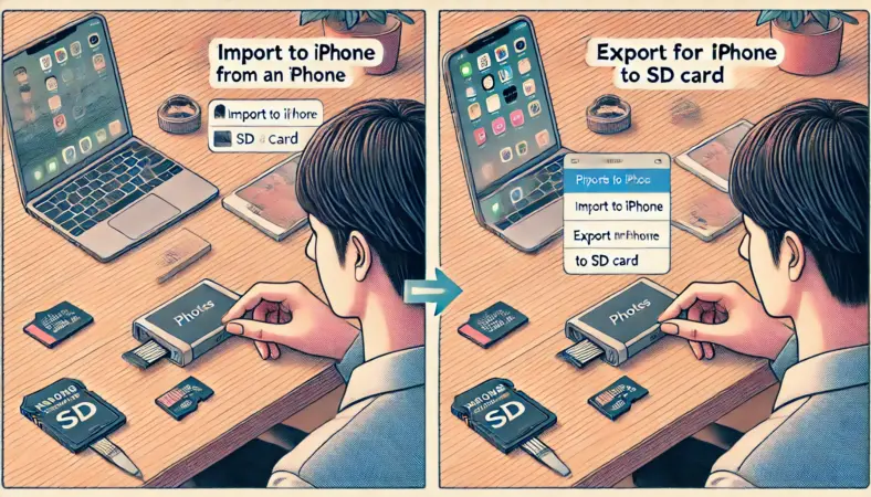 SDカードを使ってiPhoneとデータのやり取りをする2通りの方法、「iPhoneへの取り込み」と「iPhoneからSDカードへの保存」を比較する日本人ユーザーのイラスト。木製デスクの上にiPhoneとSDカードリーダーが並び、落ち着いた屋内の環境で丁寧に描かれている。