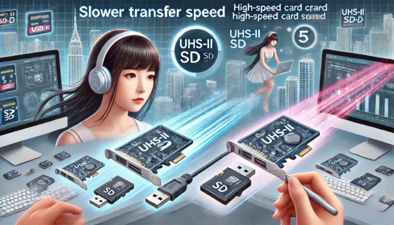 UHS-IとUHS-IIのSDカードを使った転送速度の違いを比較する日本人女性のイラスト。右側ではUHS-IIカードを使い高速転送が視覚的に表現されている。