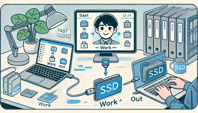 日本人ユーザーが、ポータブルSSDを使ってiPadとWindows PCの間でデータ転送している様子のイラスト。SSDには「IN」「WORK」「OUT」フォルダが象徴的に描かれ、効率的でスピーディーなファイル共有の流れが表現されている。