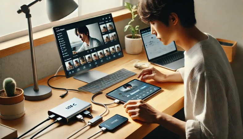 日本人ユーザーがUSB-Cハブと外付けSSDを使って、AndroidスマホとiPad間で大量のデータを転送している様子。整った作業空間で、効率的な物理接続が明確に描かれている。