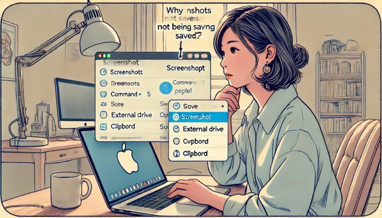 MacBookでスクリーンショットが保存されない原因を調べる日本人女性のイラスト。MacBook画面にはスクショパネルとオプションメニューが表示されており、保存先が外付けドライブやクリップボードに設定されている様子が描かれている。