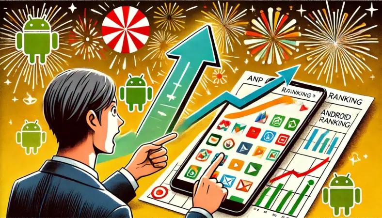 スマートフォンでアプリランキングの急上昇を確認し、驚きながらも分析する日本人の若者。背景には急激な順位変動を象徴する矢印や花火、アプリのアイコンが描かれ、ドッカン現象の視覚的なインパクトが強調されたイラスト。