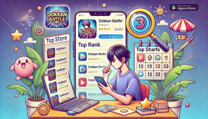 日本人の人物がスマートフォンとノートパソコンを使い、Androidでドッカンバトルが1位になった瞬間を検証している様子。背景にはランキングトロフィー、拡大鏡、カレンダー、グラフが配置され、分析の丁寧さと観測の一貫性が視覚的に表現されたイラスト。