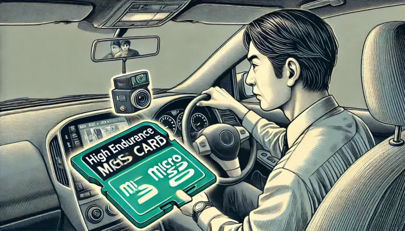自動車の運転席で緑色の高耐久microSDカードをドラレコに挿入している日本人男性を描いたイラスト。ドラレコ用に耐久性を重視したカード選びの重要性を表現。