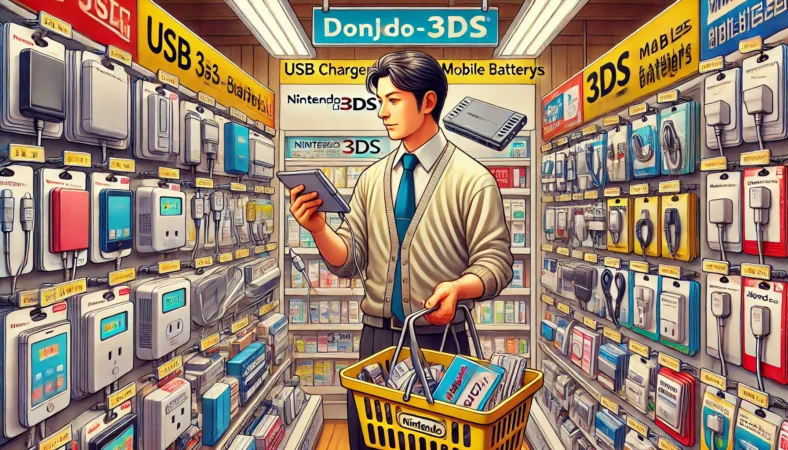 ドン・キホーテ店内で日本人男性がNintendo 3DSの充電に使えるモバイルバッテリーとUSBケーブルを比較しながら購入を検討しているイラスト。買い物カゴには3DS本体も見え、周囲にはUSB電源やケーブル管理グッズが並ぶ活気ある売り場が描かれている。