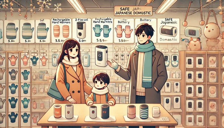 日本人の家族（父・母・子）がライフスタイルストアで充電式カイロの3タイプ（2個セット、円筒型、国内ブランド）を比較しているイラスト。明るく整った店内で、冬の雰囲気に包まれながら製品を選んでいる様子が描かれている。