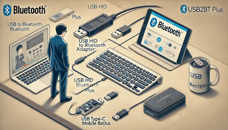 USB HID→Bluetooth変換アダプタとUSB Type-Cモバイルバッテリーを使って、有線キーボードをタブレットで無線使用する日本人男性の作業風景。モダンで整理された作業環境が、実用的な無線化手順を視覚的に表現している。