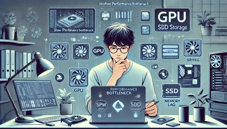 ノートパソコンのパフォーマンス強化のため、GPU・SSD・メモリ・CPUのボトルネックを分析する日本人男性のイラスト
