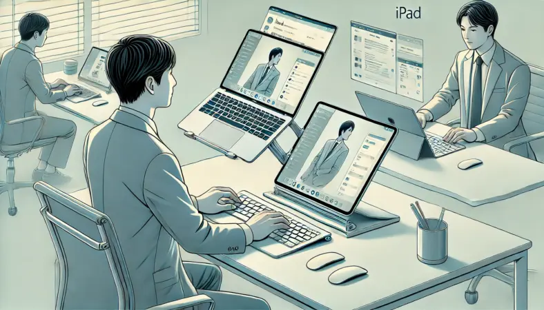 デスクに設置したiPadをスタンドに立て、Bluetoothキーボードとマウスで作業を行う日本人男性のイラスト。マルチタスク画面で資料作成とブラウジングを同時に行い、効率的に仕事を進めている様子を表現している。