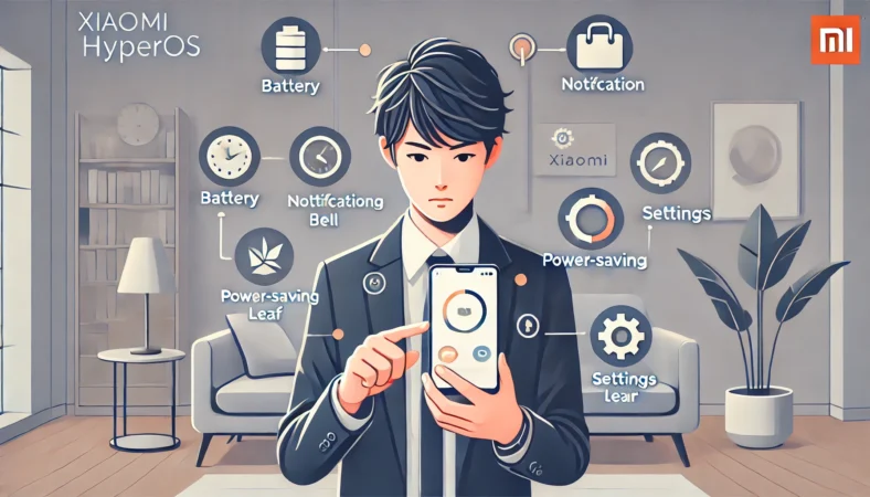 スマートフォンを手に取り、Xiaomi HyperOSの不具合を見分けようとしている日本人ユーザーのイラスト。周囲に通知、バッテリー、省電力などのシステムアイコンが浮かび、落ち着いて設定を確認している様子が描かれている。