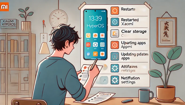 Xiaomi HyperOSアップデート後の対処手順を確認しながら、再起動やアプリ更新、ストレージ整理を行う日本人ユーザーのイラスト。チェックリストを見ながら冷静に対応する様子が、家庭的な室内背景とともに描かれている。