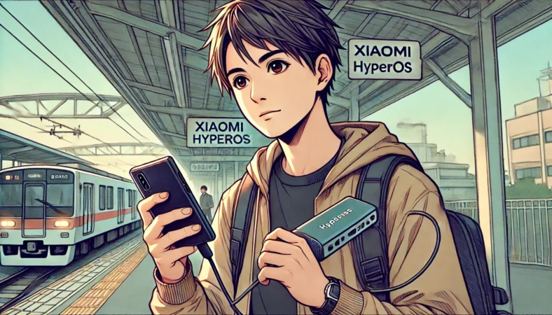 通勤中や屋外でスマートフォンとモバイルバッテリーを使い、安心して充電している日本人ユーザーのイラスト。Xiaomi HyperOSの設定運用に備え、実用的な持ち運び充電で対処している様子が描かれている。