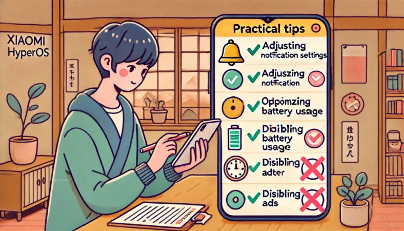 Xiaomi HyperOSの通知設定や省電力、広告表示の無効化などを調整する日本人ユーザーのイラスト。ベル、バッテリー、広告禁止マークのアイコン付きチェックリストを確認しながら、前向きに設定を進める様子が描かれている。