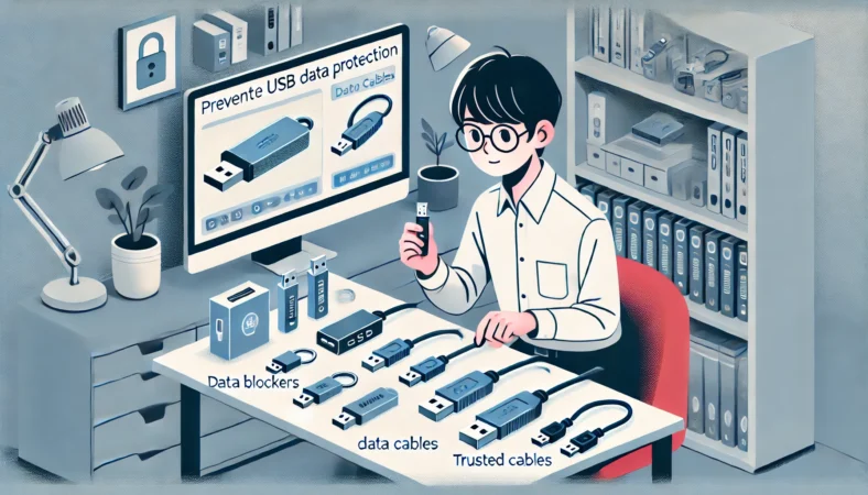 自宅でUSBデータブロッカーや信頼性の高いケーブルなどを整理しながらバックドア対策を行う日本人を描いたイラスト。物理的な情報遮断の重要性を伝えるシーン。