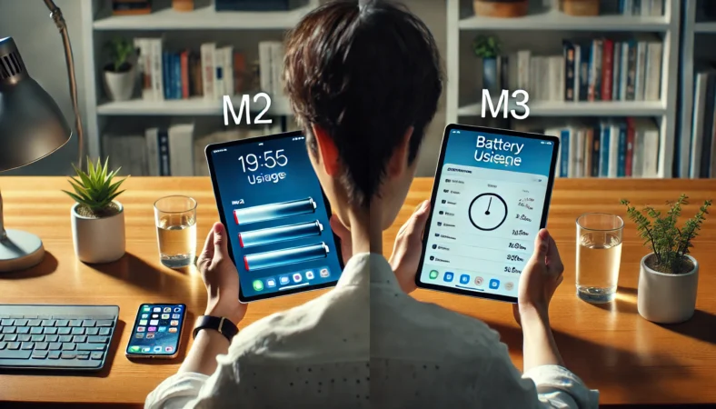 日本人男性がデスク上でiPad Air M2とM3の2台を並べて使用し、アプリ動作中のバッテリー持ちの違いを比較している様子。日常使用における微妙な電池持ちの差が視覚的に表現されている。