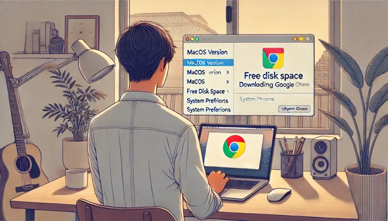 日本人のユーザーがGoogle Chromeのインストール前に、MacBookでmacOSのバージョンと空き容量を確認している様子。システム設定画面が開かれた状態のMacBookと、整ったデスク環境が描かれている。