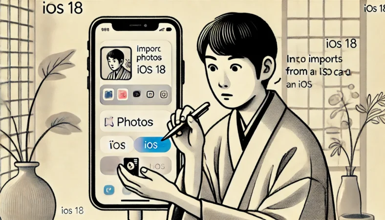 日本人の人物がパソコンを使わずに、iPhoneにSDカードリーダーを接続して写真を取り込もうとしている様子。整った室内環境で、最小構成での取り込みを行っている場面を描いたイラスト。