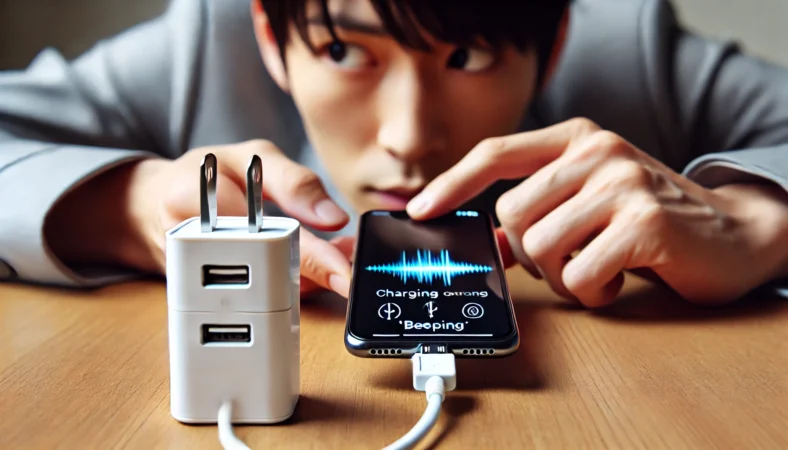 日本人の人物がスマートフォンの充電ケーブルの接続部分を注意深く確認している様子。ピッピッという音に気づき、端子の接触不良を疑っている場面。